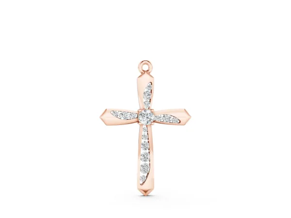 Gold Cross Pendant with Round Cut Stones and Prong Setting Rose gold