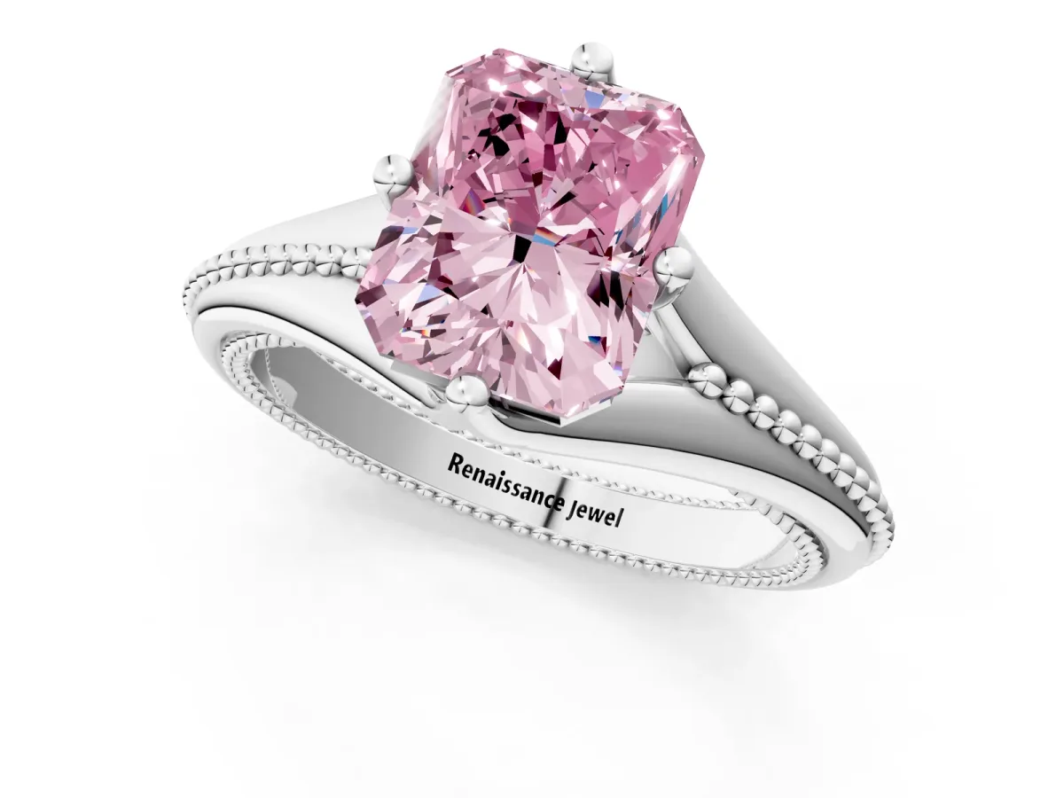 Fancy Pink Radiant Cut Solitaire Beaded Band Six-Prong Setting Platinum