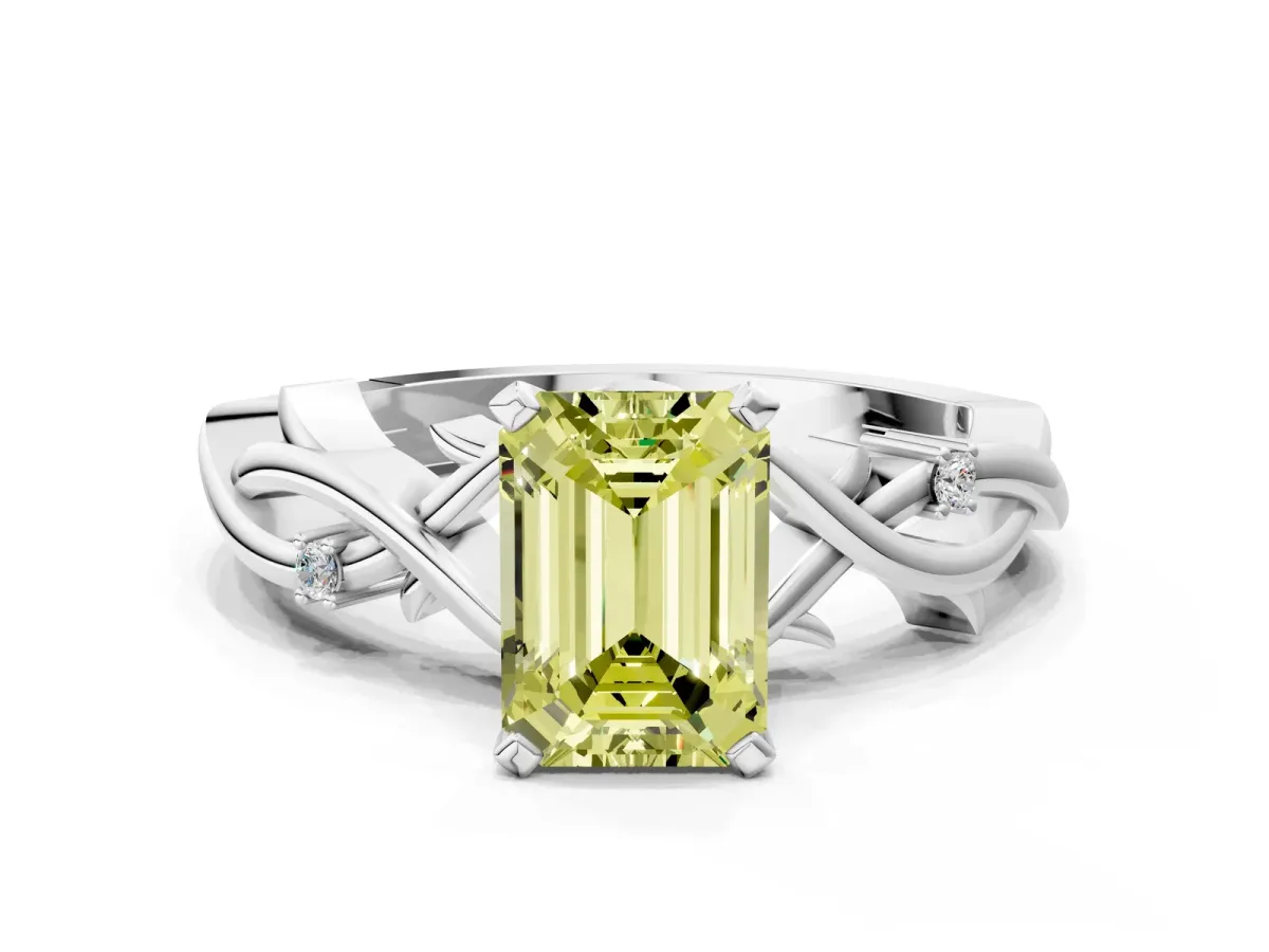 Fancy Yellow Emerald Cut Diamond Solitaire Ring with Twisted Band and Prong Setting White gold