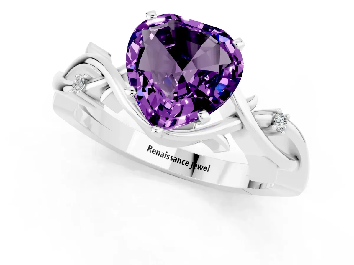 Heart Cut Amethyst Solitaire Ring with Twisted Band and Prong Setting Silver