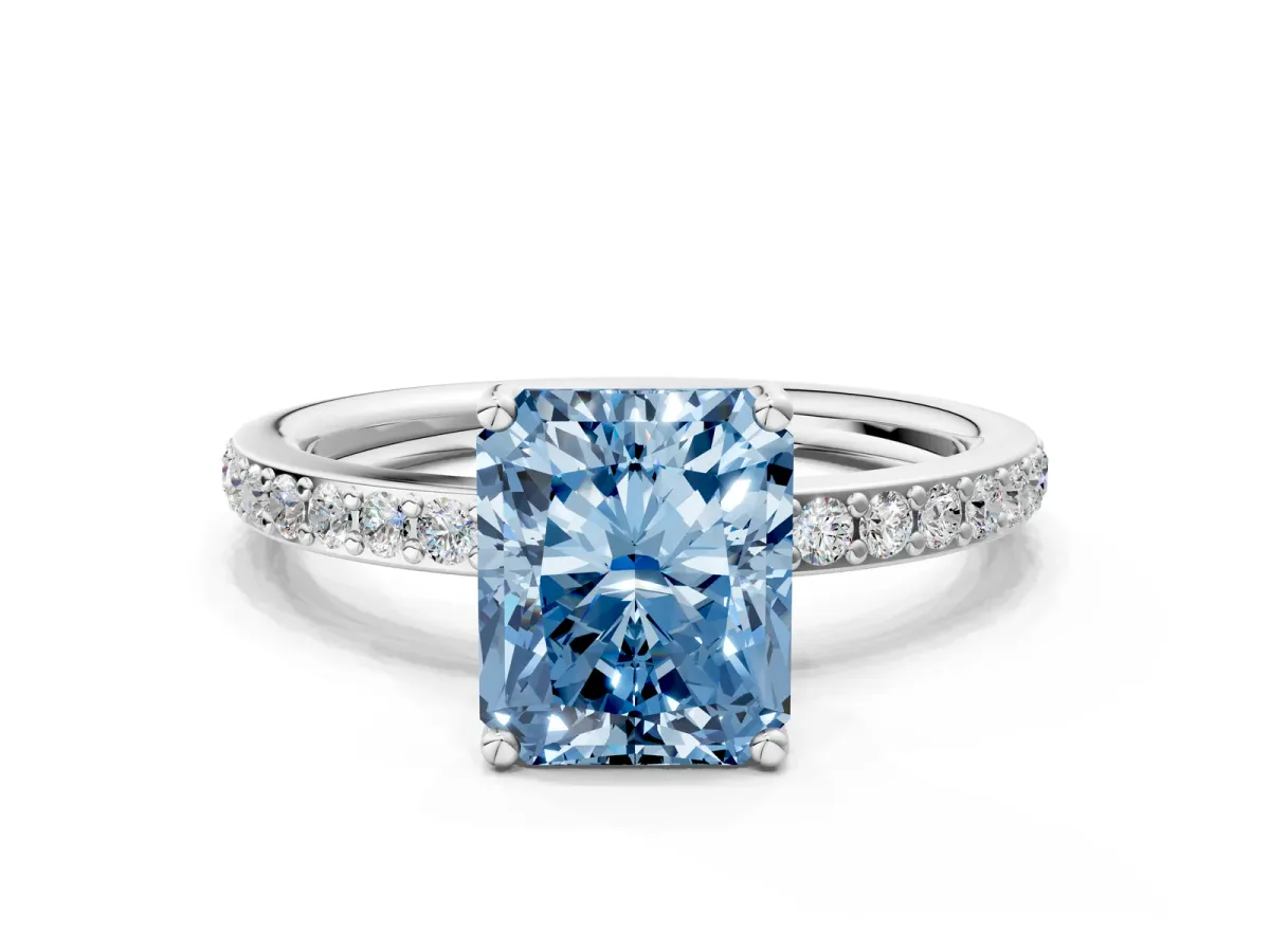 Fancy Blue Radiant Cut Cut Diamond Pavé Band Ring with Four-Prong Setting Platinum