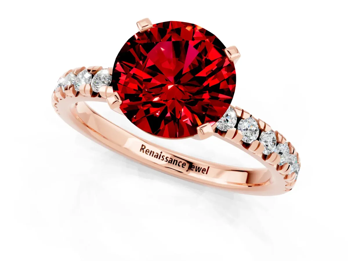 Round Cut Ruby Solitaire Pavé Engagement Ring with Round Band and Prong Setting Rose gold
