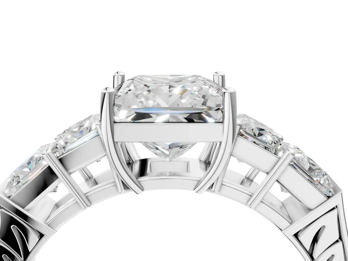 Princess Cut Solitaire Princess Side Stone Engraved Band Prong Setting Ring Silver