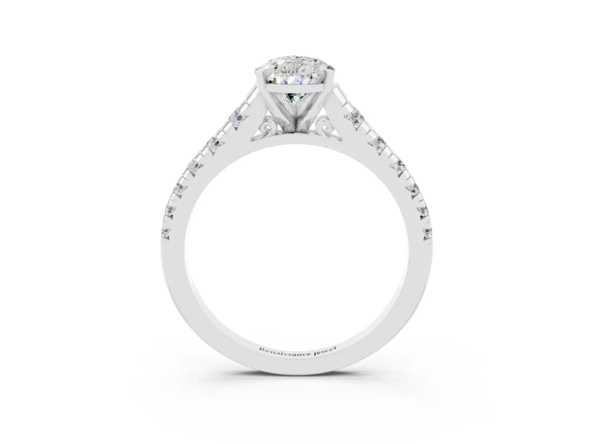 Pear Cut Moissanite Cathedral Solitaire Ring with Round Pavé Band Platinum