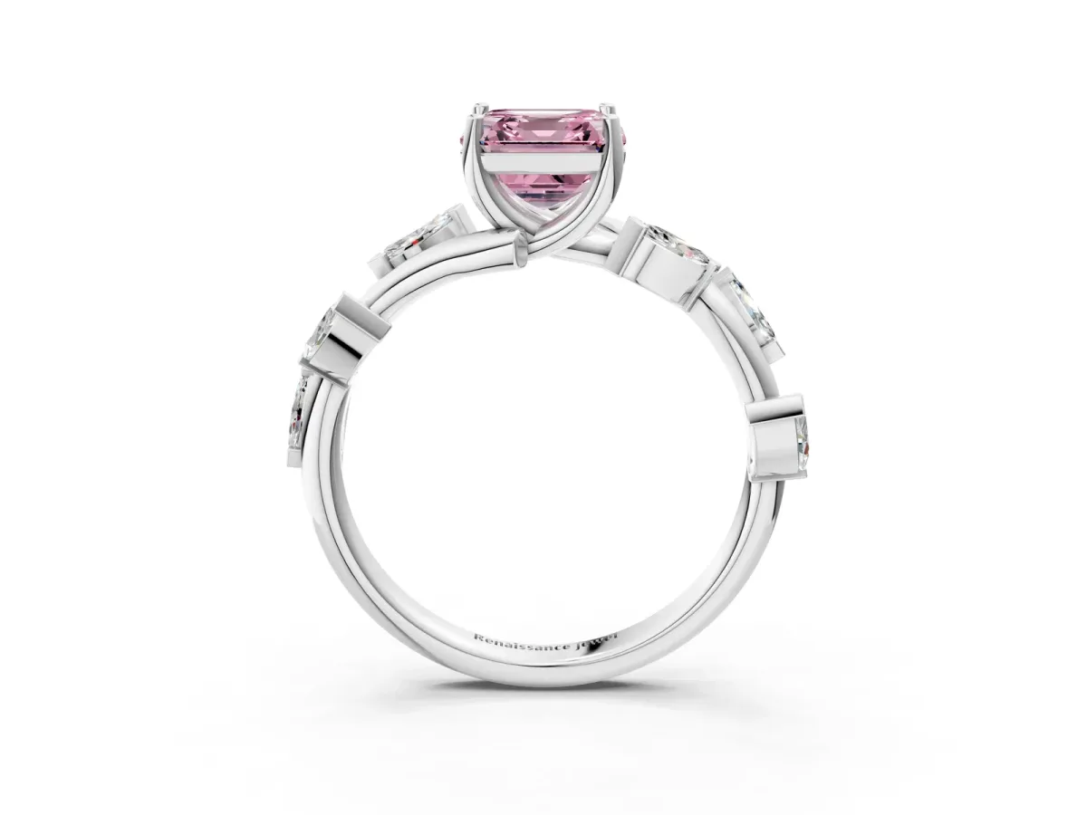 Fancy Pink Asscher Cut Solitaire Twisted Band Marquise Accent Prong Setting Ring Platinum