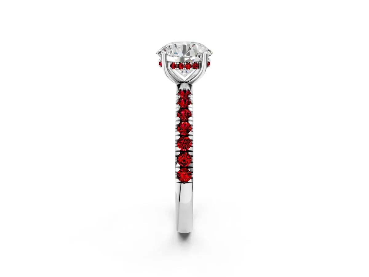 Round Cut Diamond Pave Band Solitaire Ring with Round Ruby and Prong Setting White gold