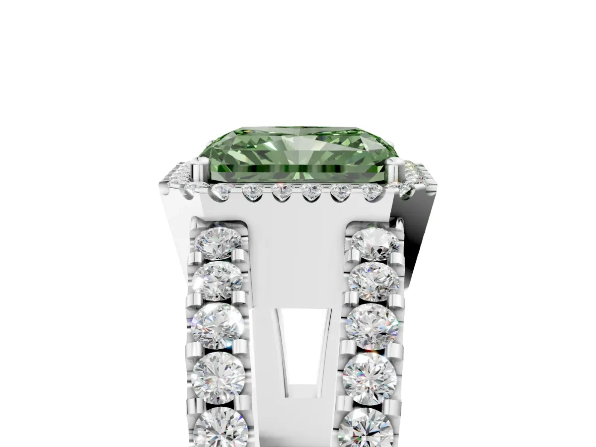Fancy Green Radiant Cut Cut Halo Split Shank Diamond Ring with Four-Prong Setting Platinum