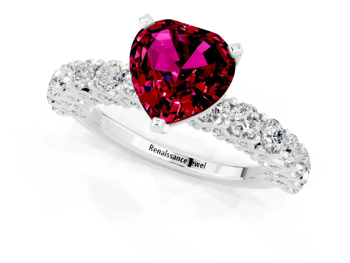 Heart Cut Garnet Solitaire Ring with Shared Prong Pavé Band and Four-Prong Setting Silver