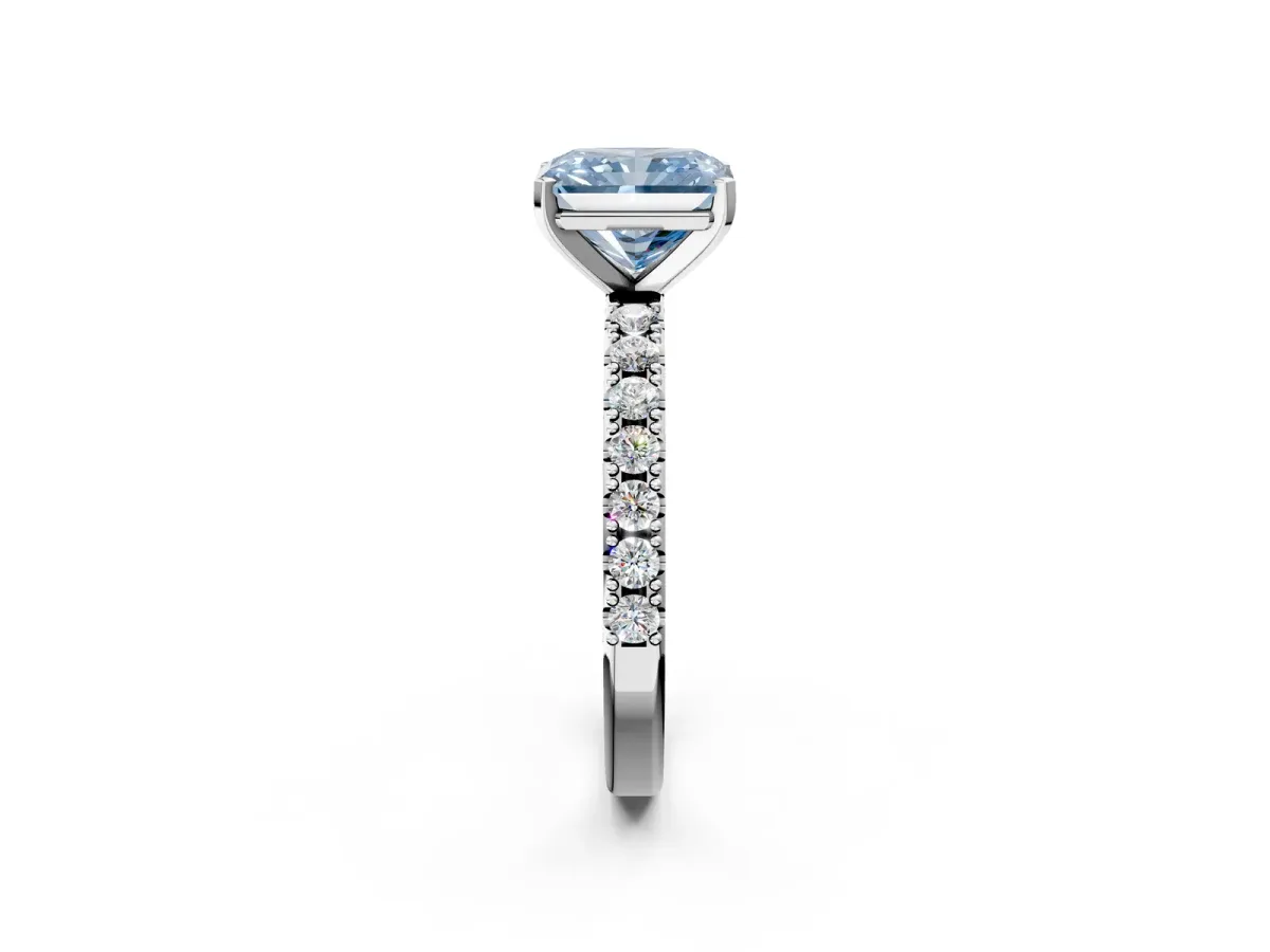 Fancy Blue Radiant Cut Diamond Solitaire Pavé Band with Four-Prong Setting Platinum