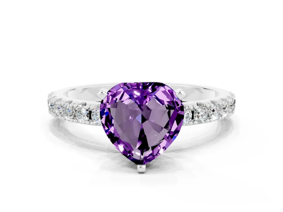 Heart Cut Amethyst Solitaire Pavé Band with Four-Prong Setting Silver
