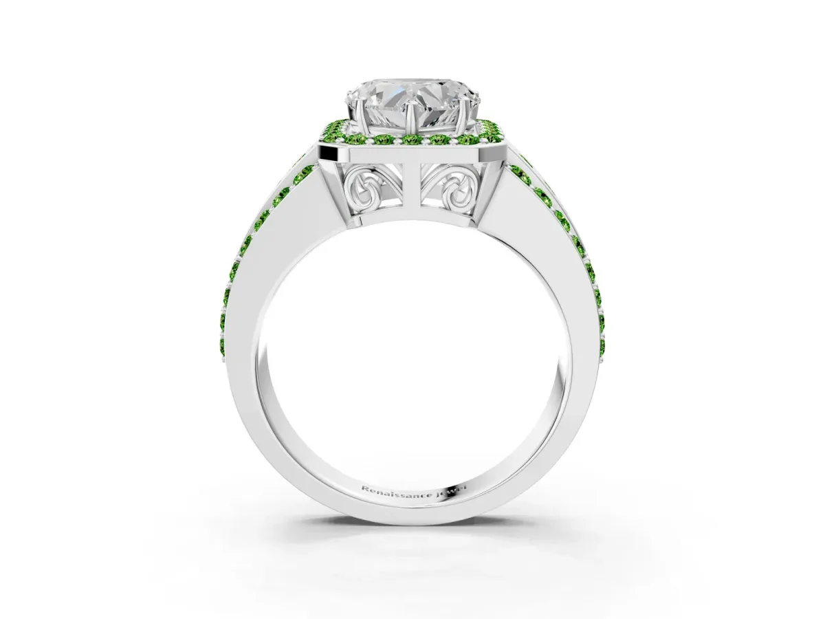 Heart Cut Halo Diamond Ring with Round Peridot Split Shank and Prong Setting Silver