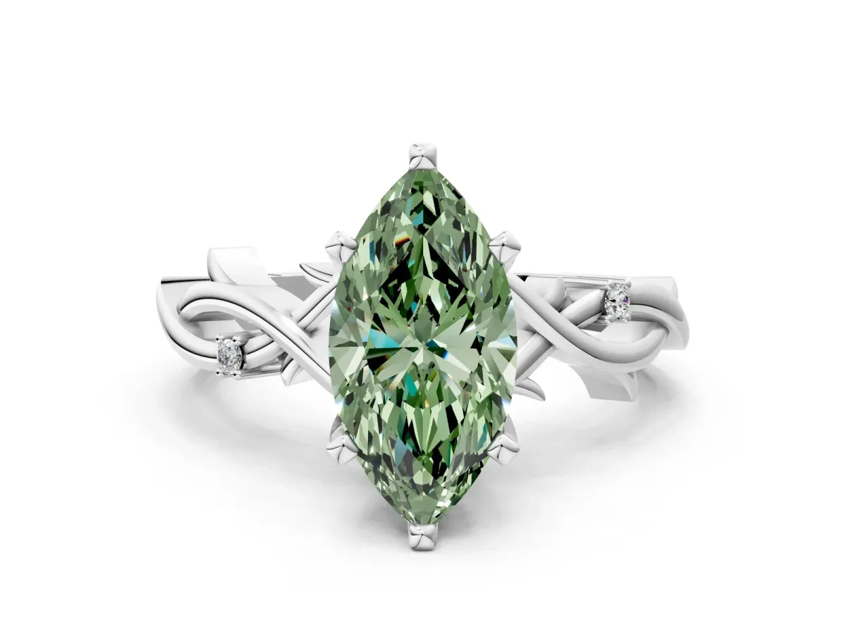 Fancy Green Marquise Cut Diamond Solitaire Ring with Twisted Band and Prong Setting Silver