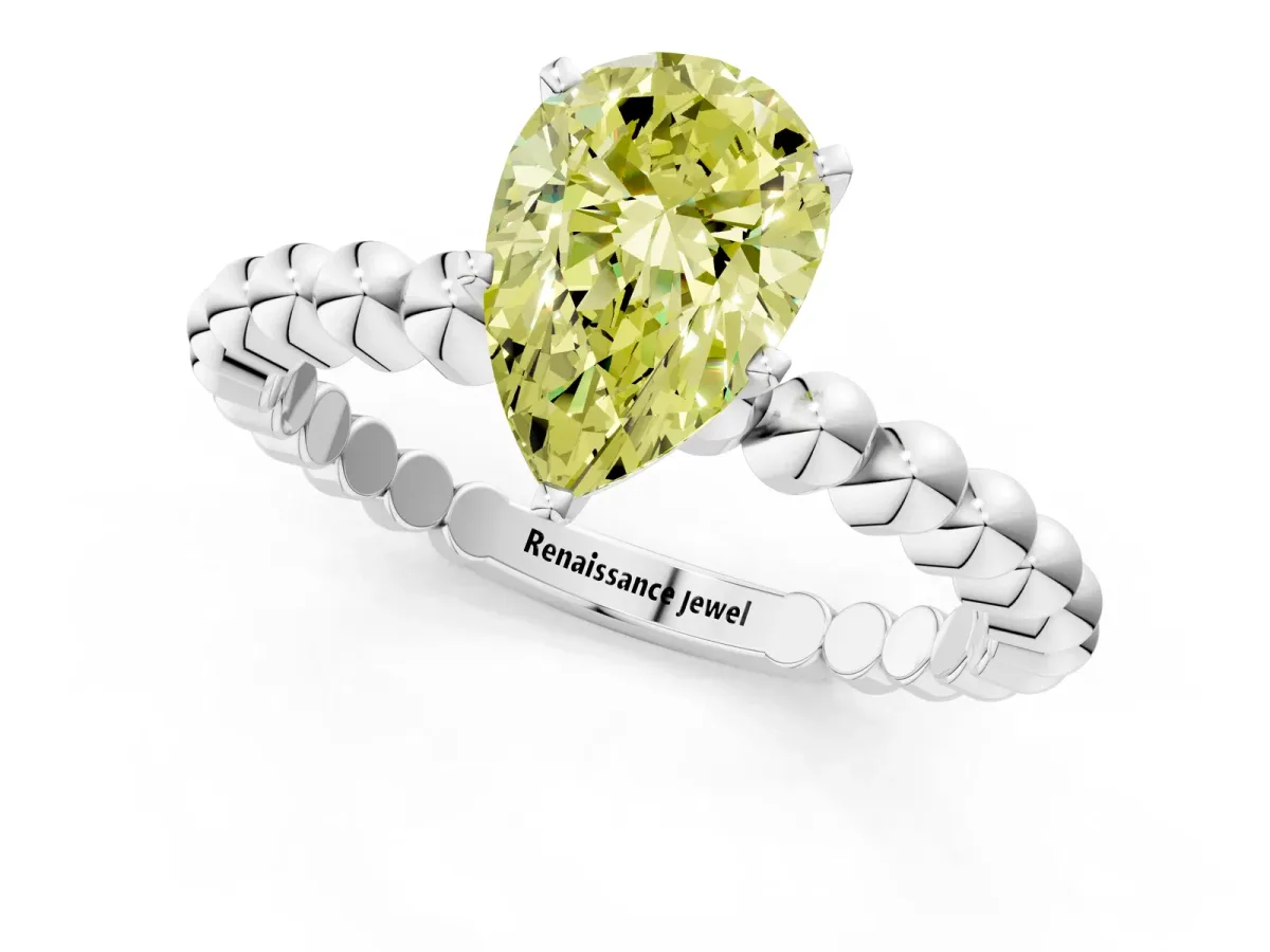 Fancy Yellow Pear Cut Diamond Solitaire Ring with Beaded Band and Prong Setting Silver