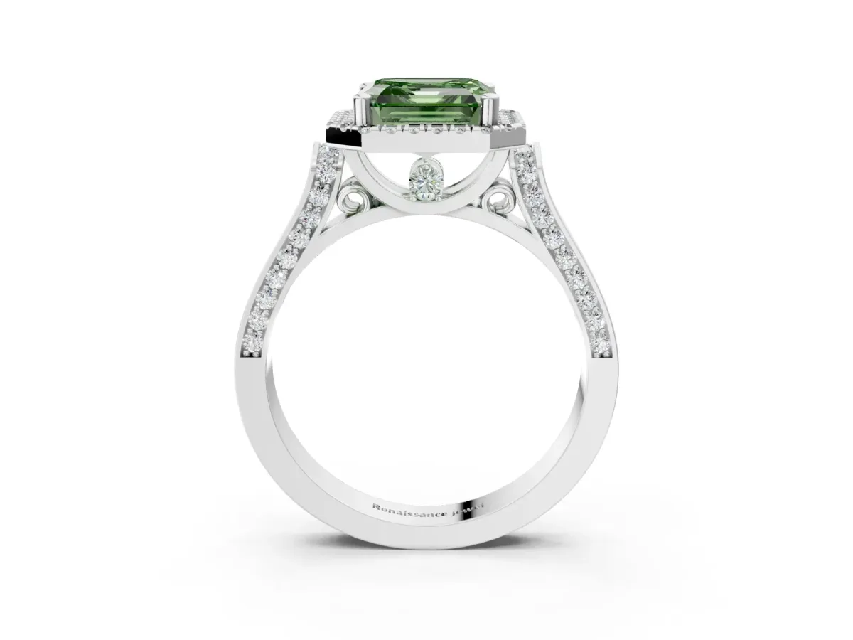 Fancy Green Asscher Cut Halo Pave Split Shank Prong Setting Ring Platinum