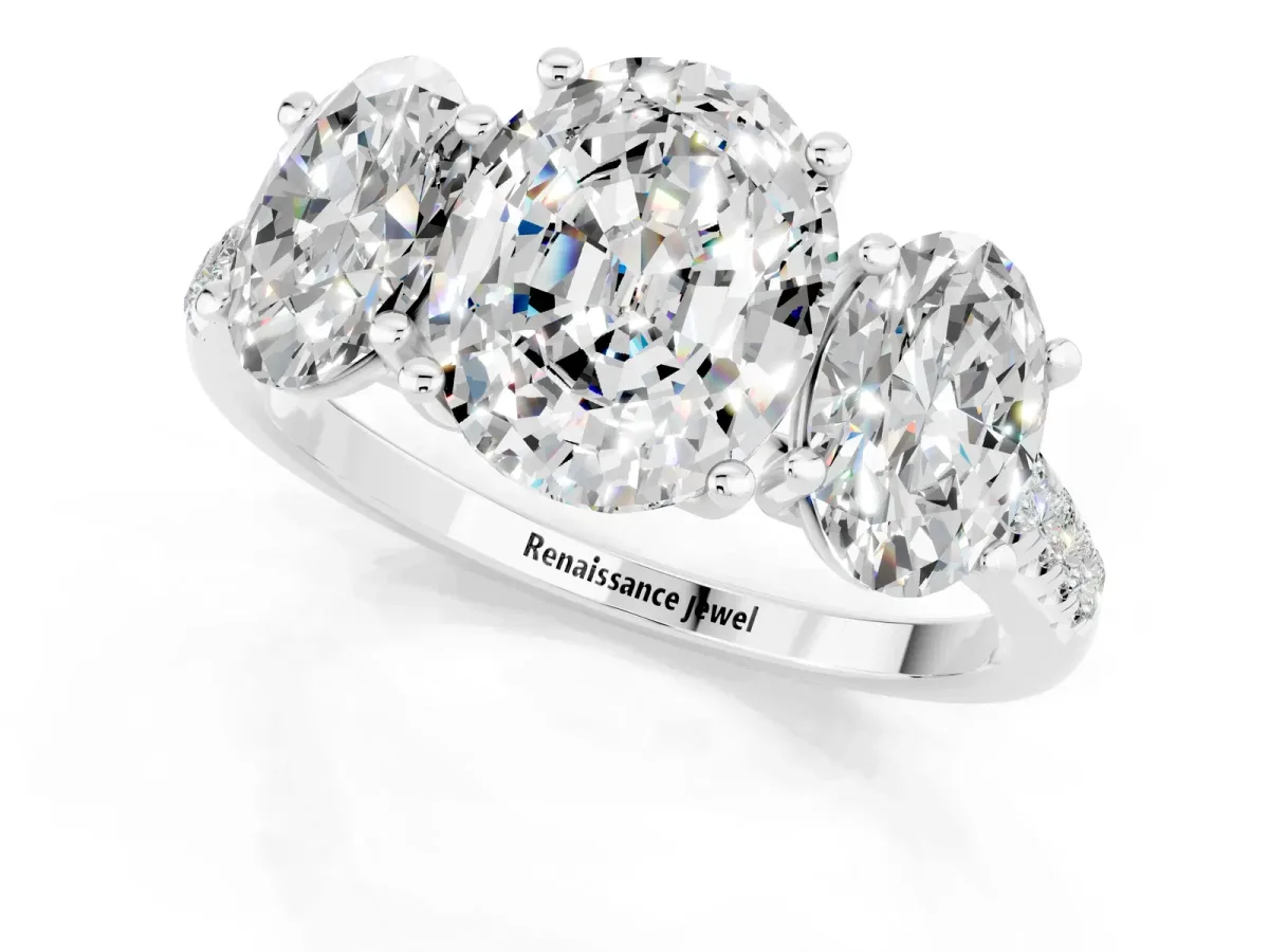 Three-Stone Oval Cut Moissanite Ring with Round Pavé Band and Prong Setting Silver