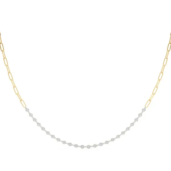 Diamond Round Stone Paperclip Chain Necklace with Bezel Setting Yellow gold