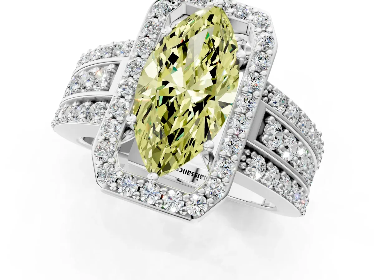 Fancy Yellow Marquise Cut Halo Diamond Ring with Round Split Shank and Prong Setting Platinum