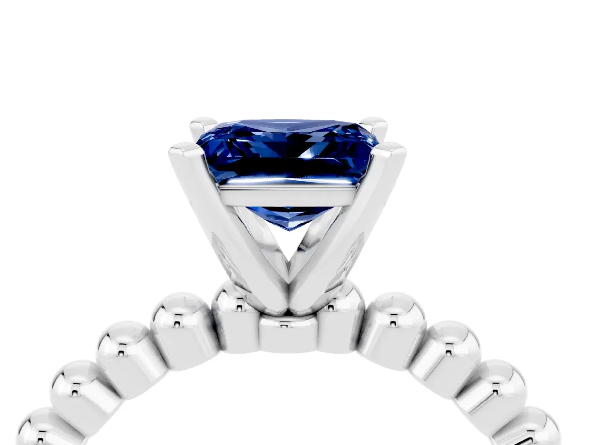 Princess Cut Blue Sapphire Solitaire Ring with Beaded Band and Prong Setting Platinum