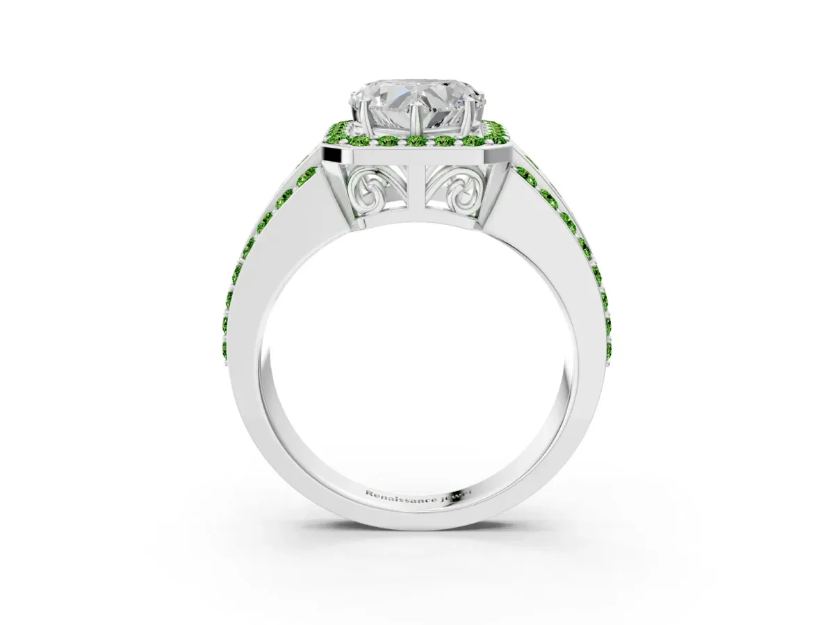Heart Cut Halo Diamond Ring with Round Peridot Split Shank and Prong Setting Silver