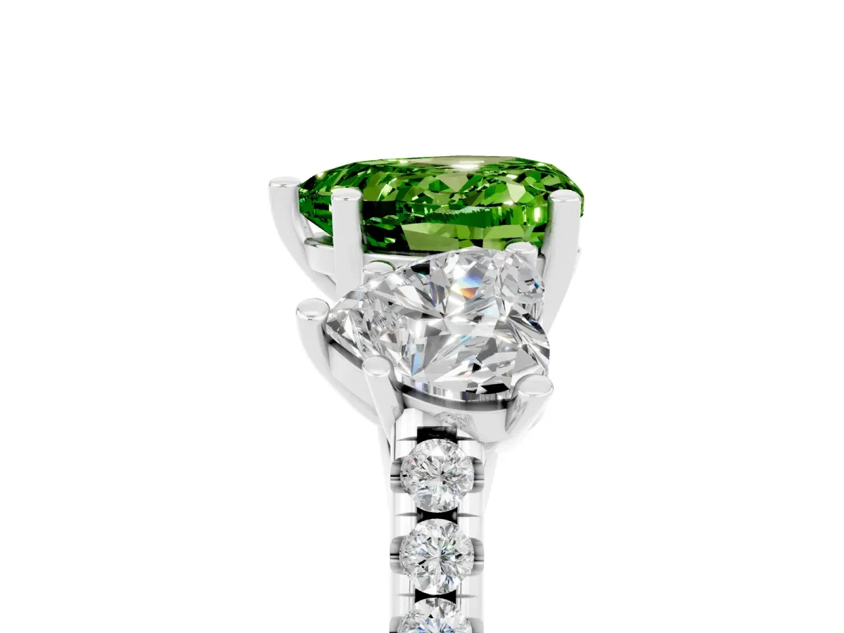 Three-Stone Heart Cut Peridot Ring with Round Pavé Band and Prong Setting Platinum