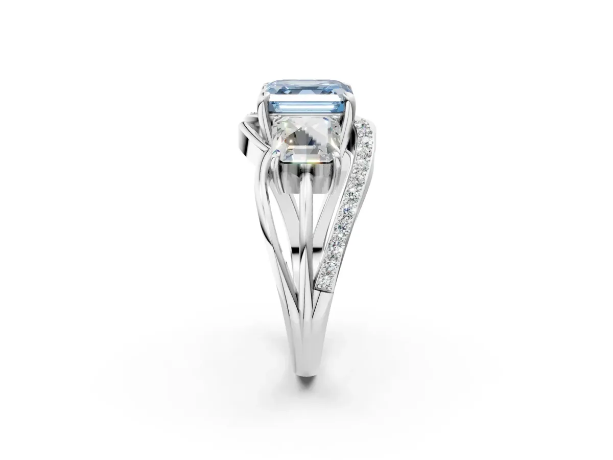 Fancy Blue Three-Stone Asscher Cut Cut Diamond Split Shank Prong Set Ring Platinum