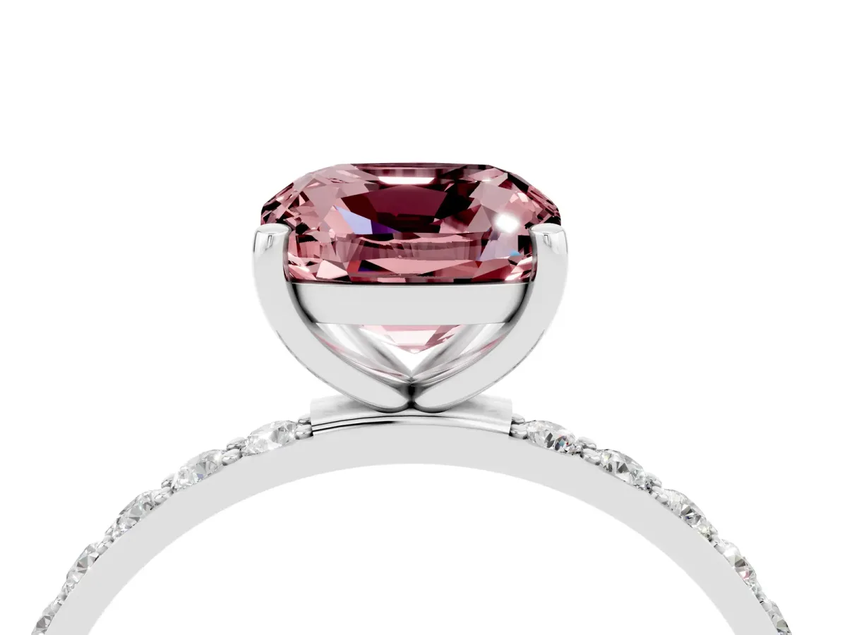 Cushion Cut Morganite Solitaire Ring with Round Pavé Band and Prong Setting Silver