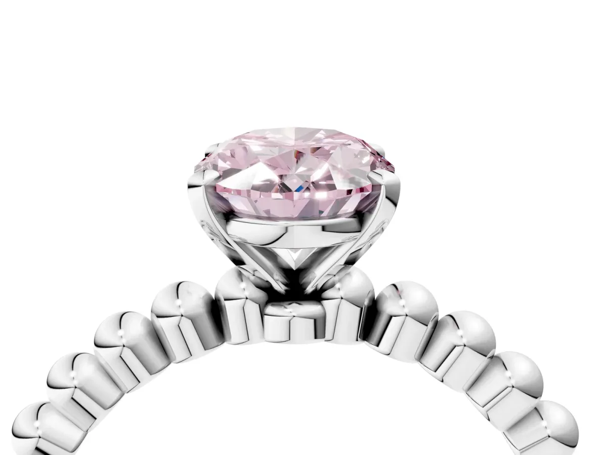 Fancy Pink Oval Cut Diamond Solitaire Ring with Beaded Band and Prong Setting White gold
