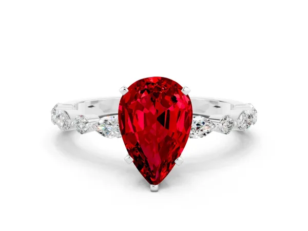 Pear Cut Ruby Ring with Marquise and Round Side Stones and Four-Prong Setting White gold
