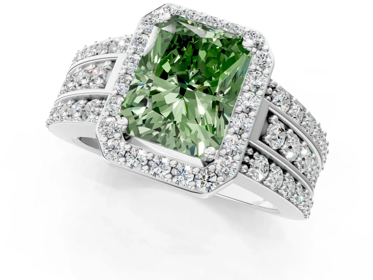 Fancy Green Radiant Cut Halo Diamond Ring with Round Split Shank and Prong Setting Silver