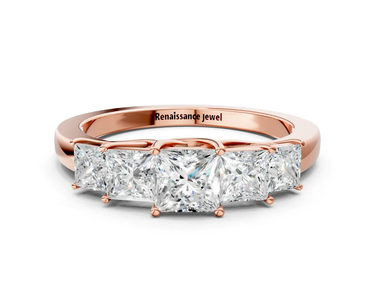 Princess Cut Five-Stone Diamond Ring with Classic Prong Setting Rose gold
