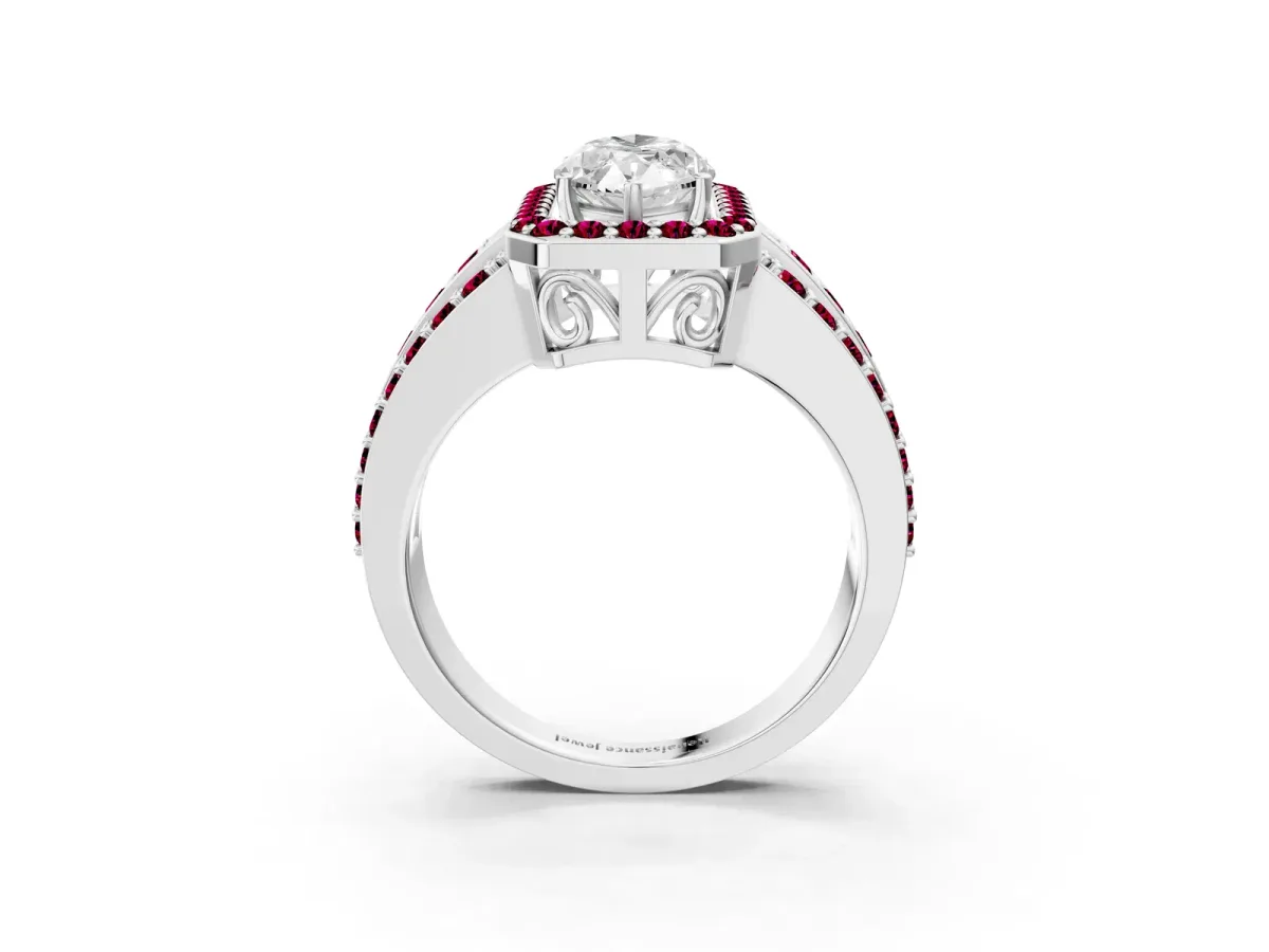 Marquise Cut Halo Diamond Ring with Round Garnet Split Shank and Prong Setting Silver