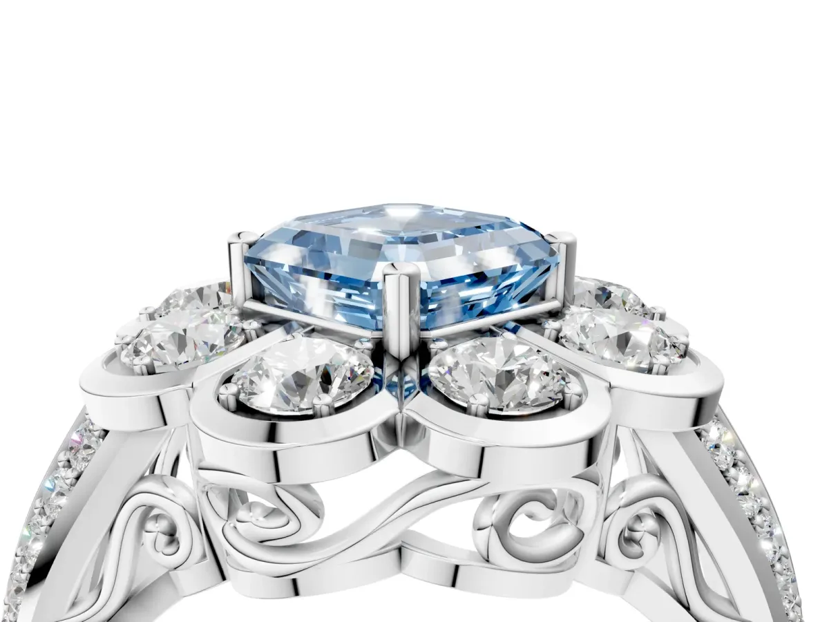 Fancy Blue Asscher Cut Brilliant Flower Halo Diamond Split Shank Ring Platinum