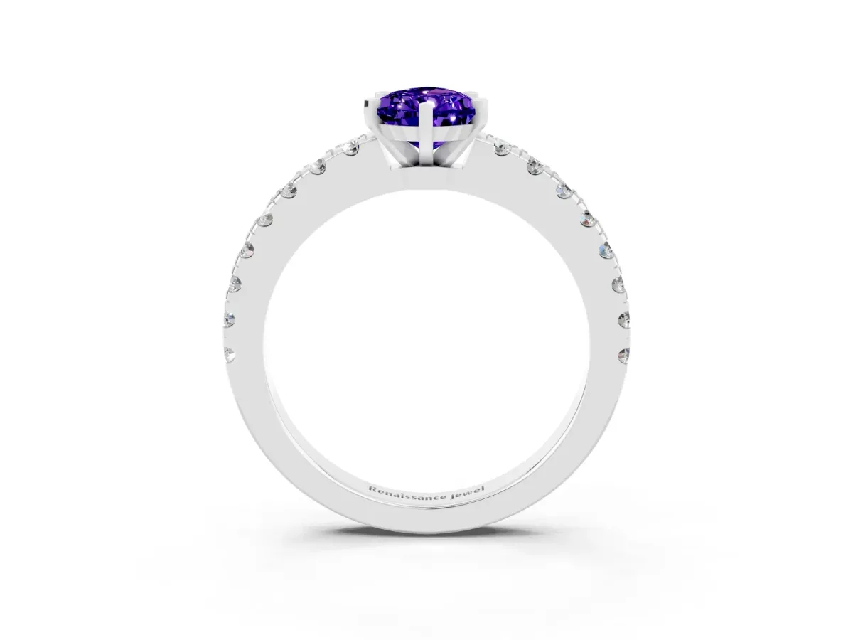 Pear Cut Solitaire Tanzanite with Pavé Band and Four-Prong Setting Silver