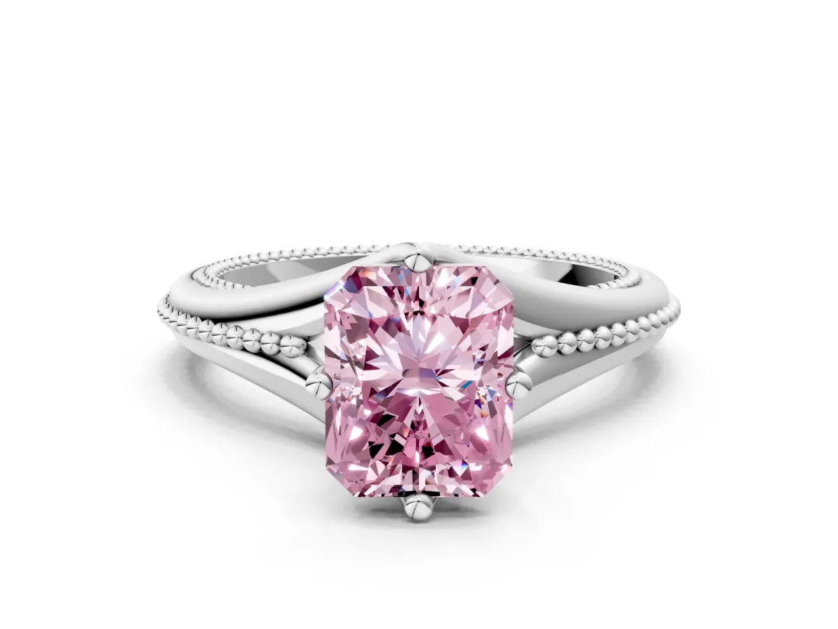 Fancy Pink Radiant Cut Solitaire Beaded Band Six-Prong Setting Platinum