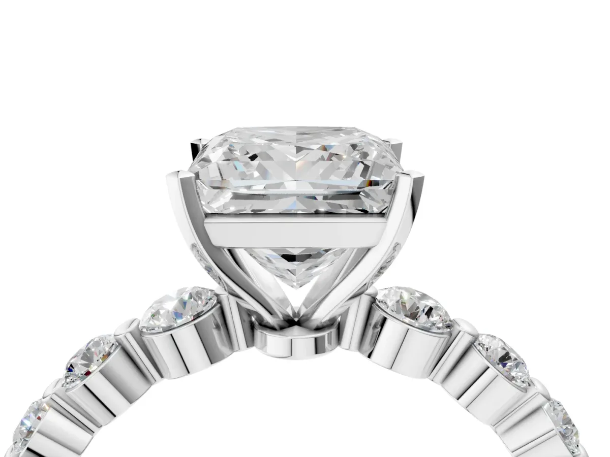 Princess Cut Solitaire Diamond Ring with Pave Band and Four-Prong Setting Platinum