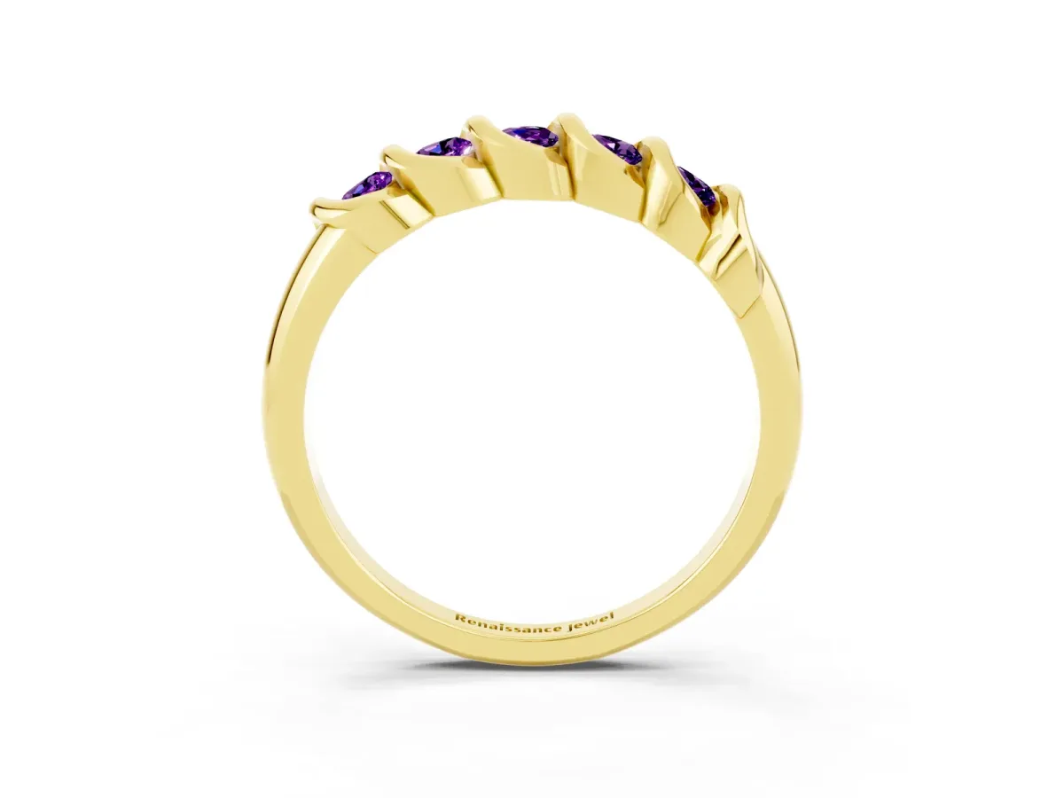 Round Amethyst Eternity Band with Twist Prong Setting Yellow gold