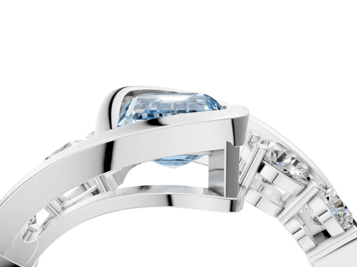 Fancy Blue Bezel Set Emerald Cut Diamond Bypass Ring with Round Accents Silver