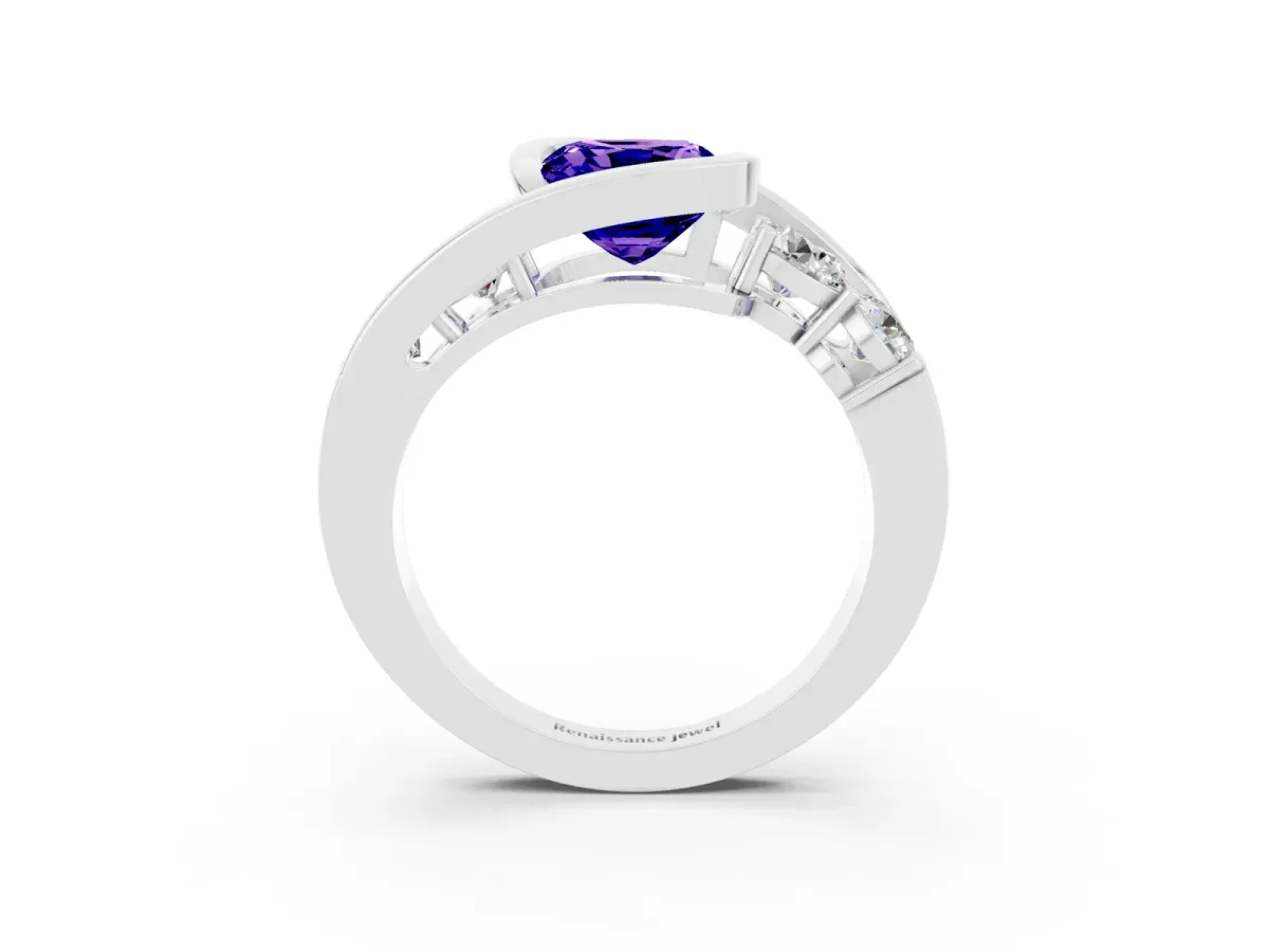 Bezel Set Cushion Cut Tanzanite Bypass Ring with Round Accents Platinum