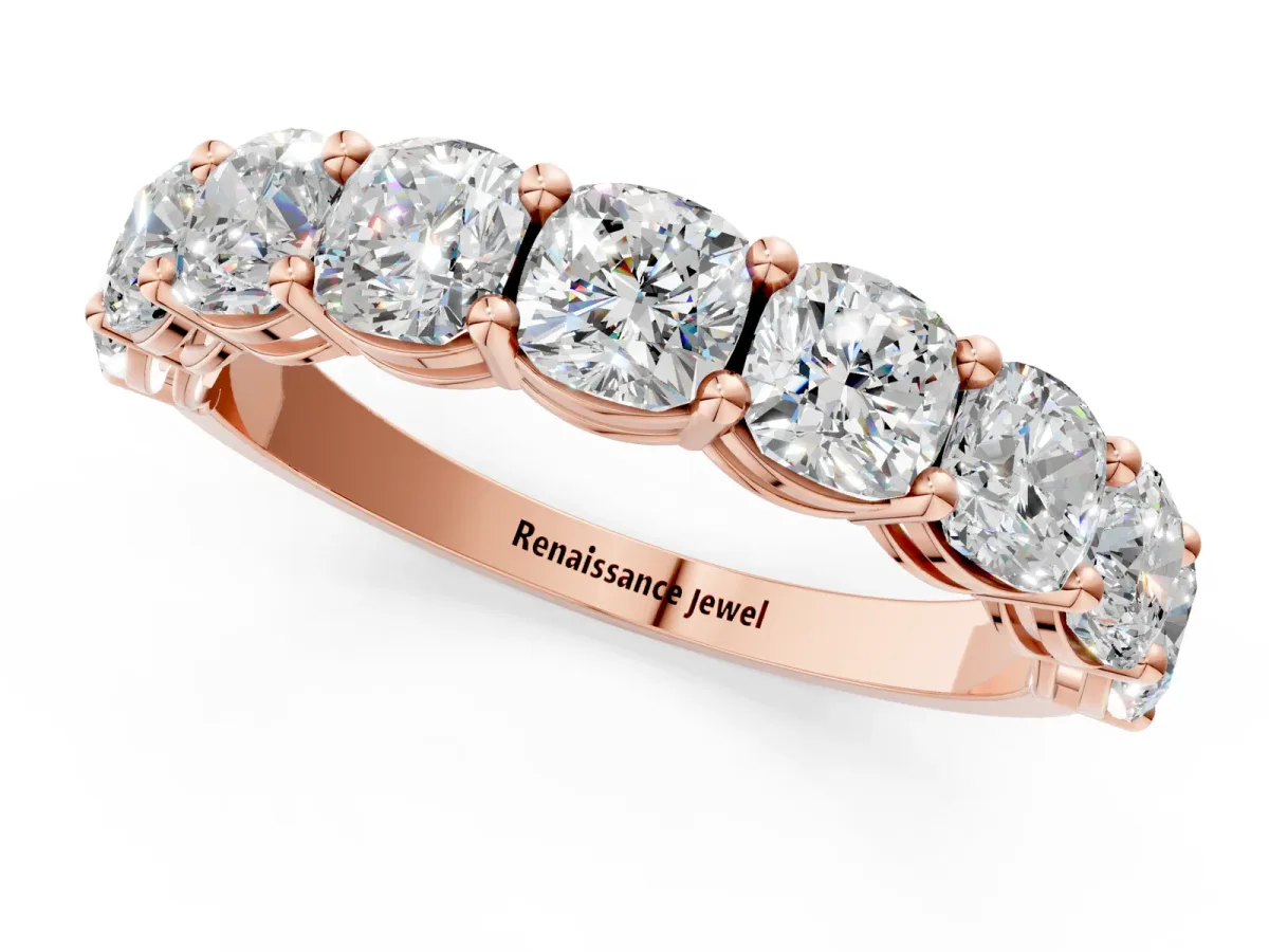 Cushion Cut Half Eternity Band with Shared Prong Setting Rose gold