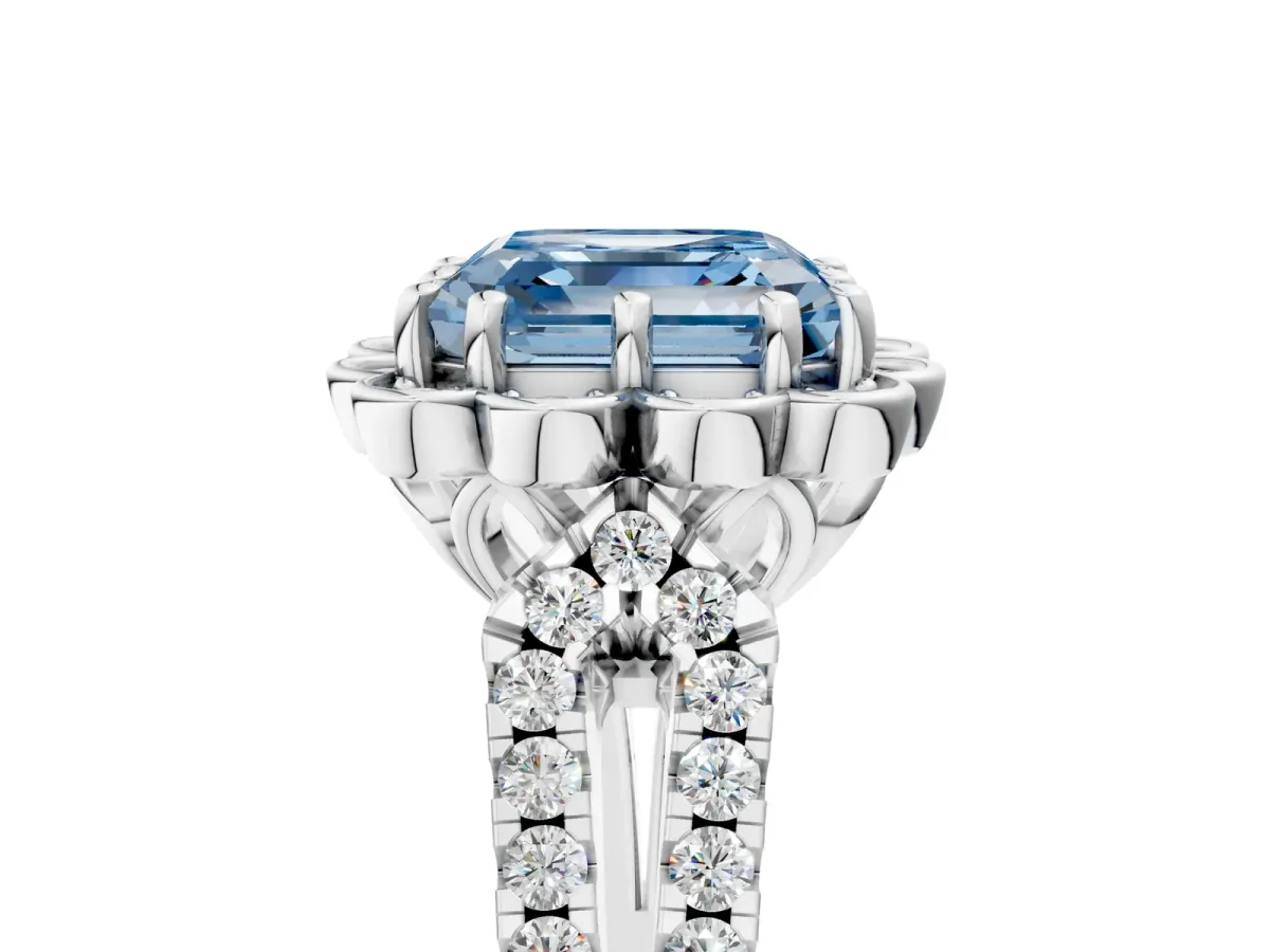 Fancy Blue Asscher Cut Halo Diamond Floral Split Shank Engagement Ring Platinum