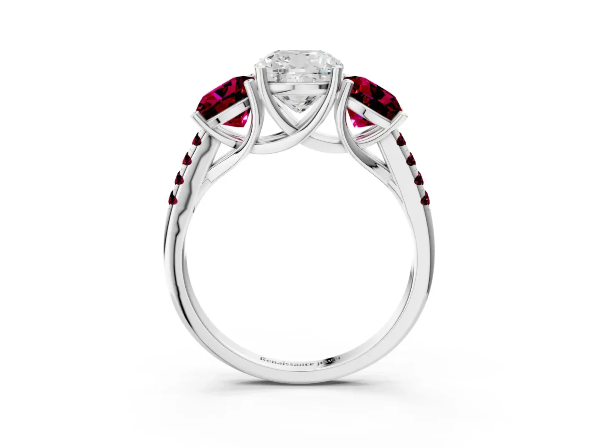 Three-Stone Cushion Cut Diamond Ring with Round Garnet Pavé Band and Prong Setting Silver