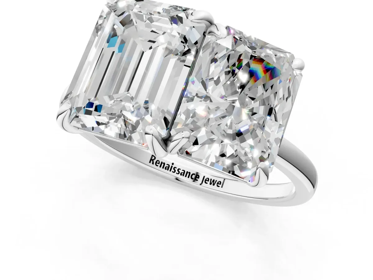 Emerald and Radiant Toi Moi Ring with Prong Setting and Plain Band Platinum