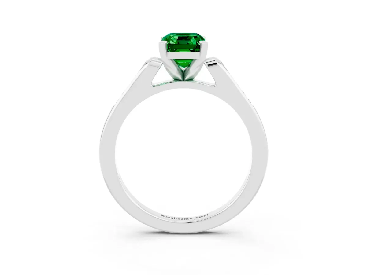 Emerald Cut Emerald Solitaire Ring with Channel Set Round Band and Prong Setting White gold