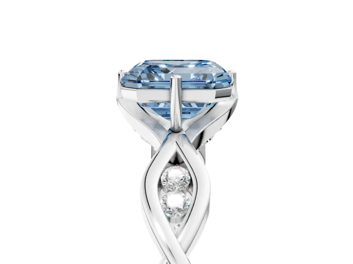Fancy Blue Asscher Cut Solitaire Twist Band with Leaf Prong Setting Platinum