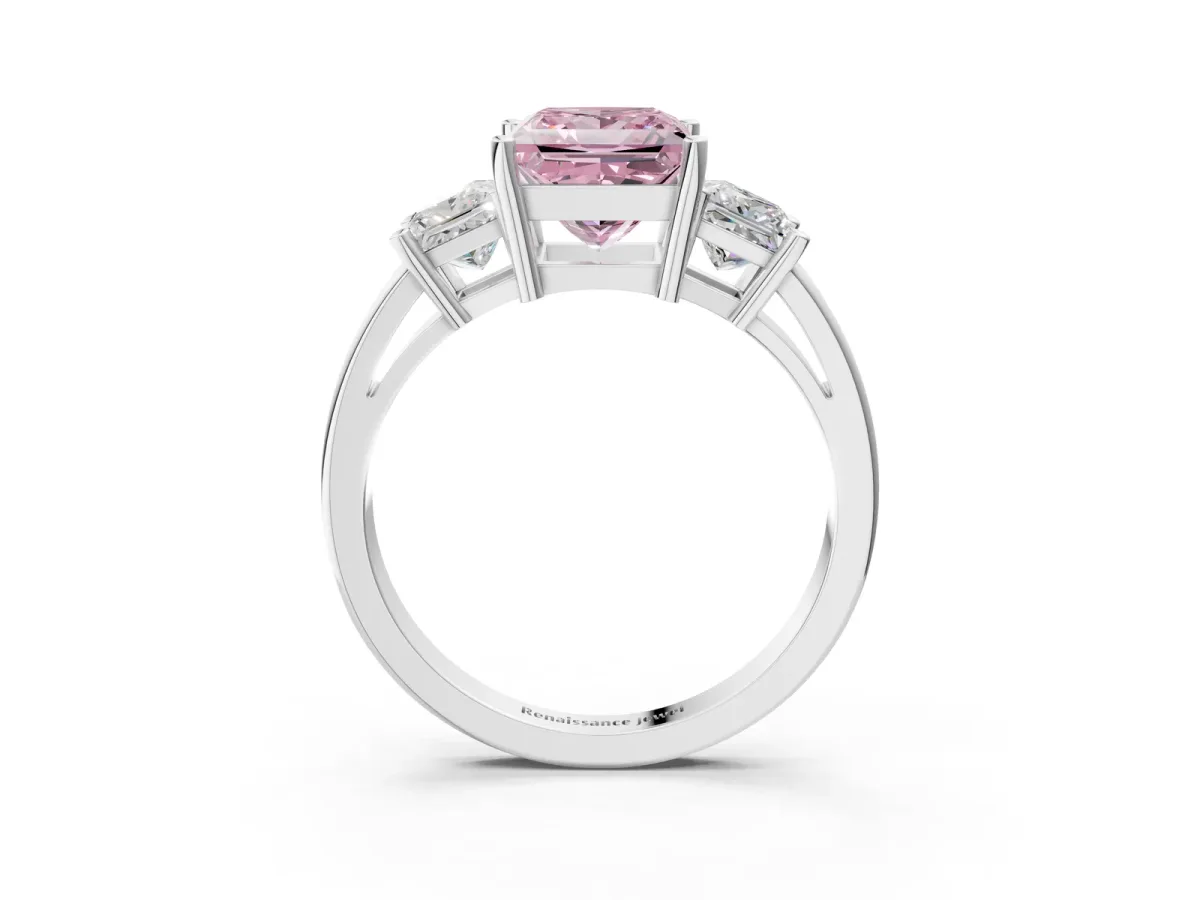 Fancy Pink Three-Stone Princess Cut Cut Solitaire Ring with Prong Setting Platinum