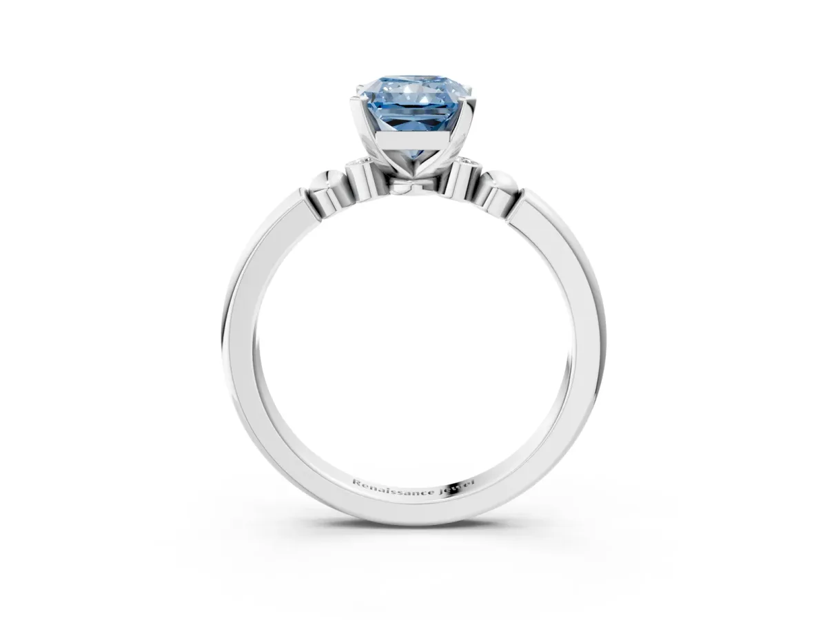 Fancy Blue Radiant Cut Solitaire Beaded Band with Four-Prong Setting Platinum