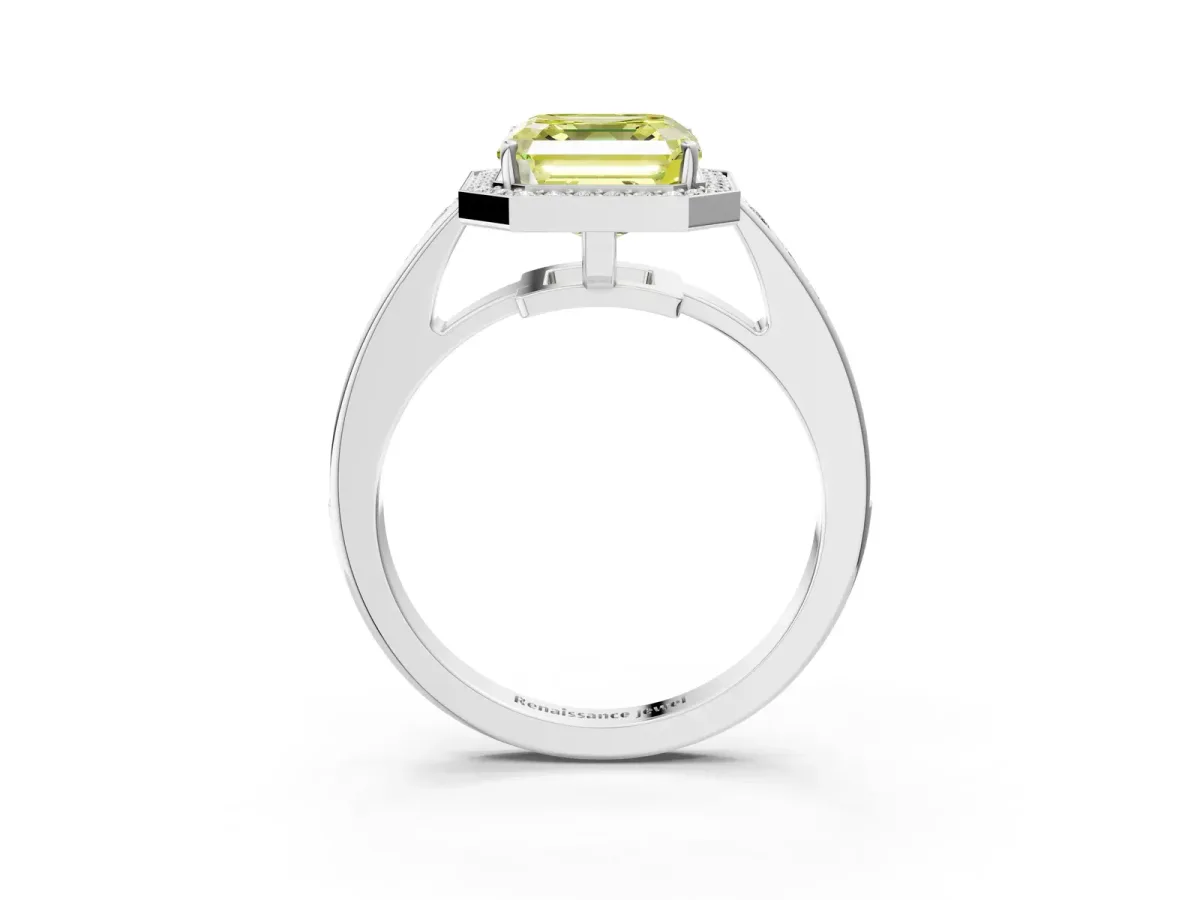 Fancy Yellow Asscher Cut Halo Pavé Diamond Engagement Ring with Bezel Setting Silver