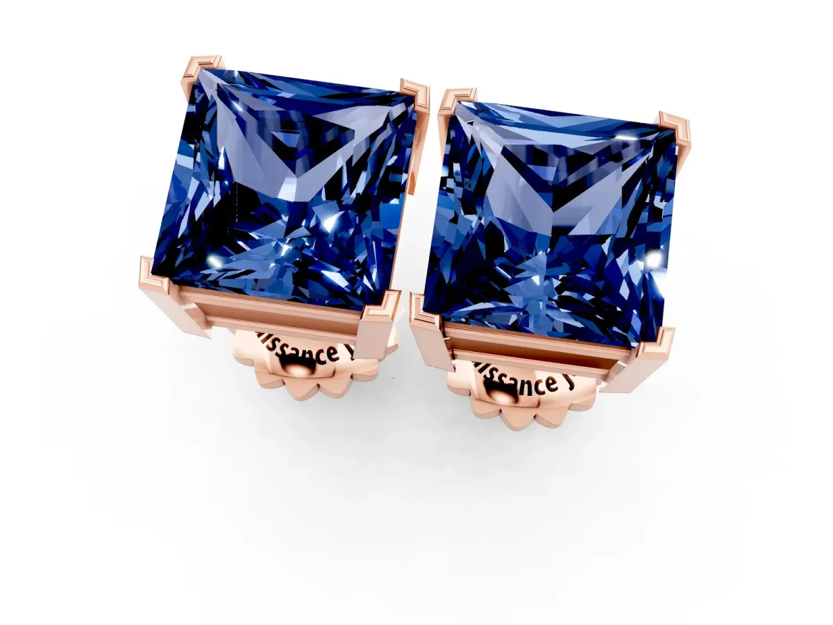 Princess Cut Blue Sapphire Stud Earrings Rose gold