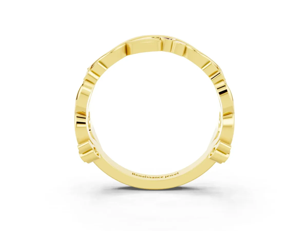 Round Morganite Leaf Eternity Band with Bezel Setting Yellow gold