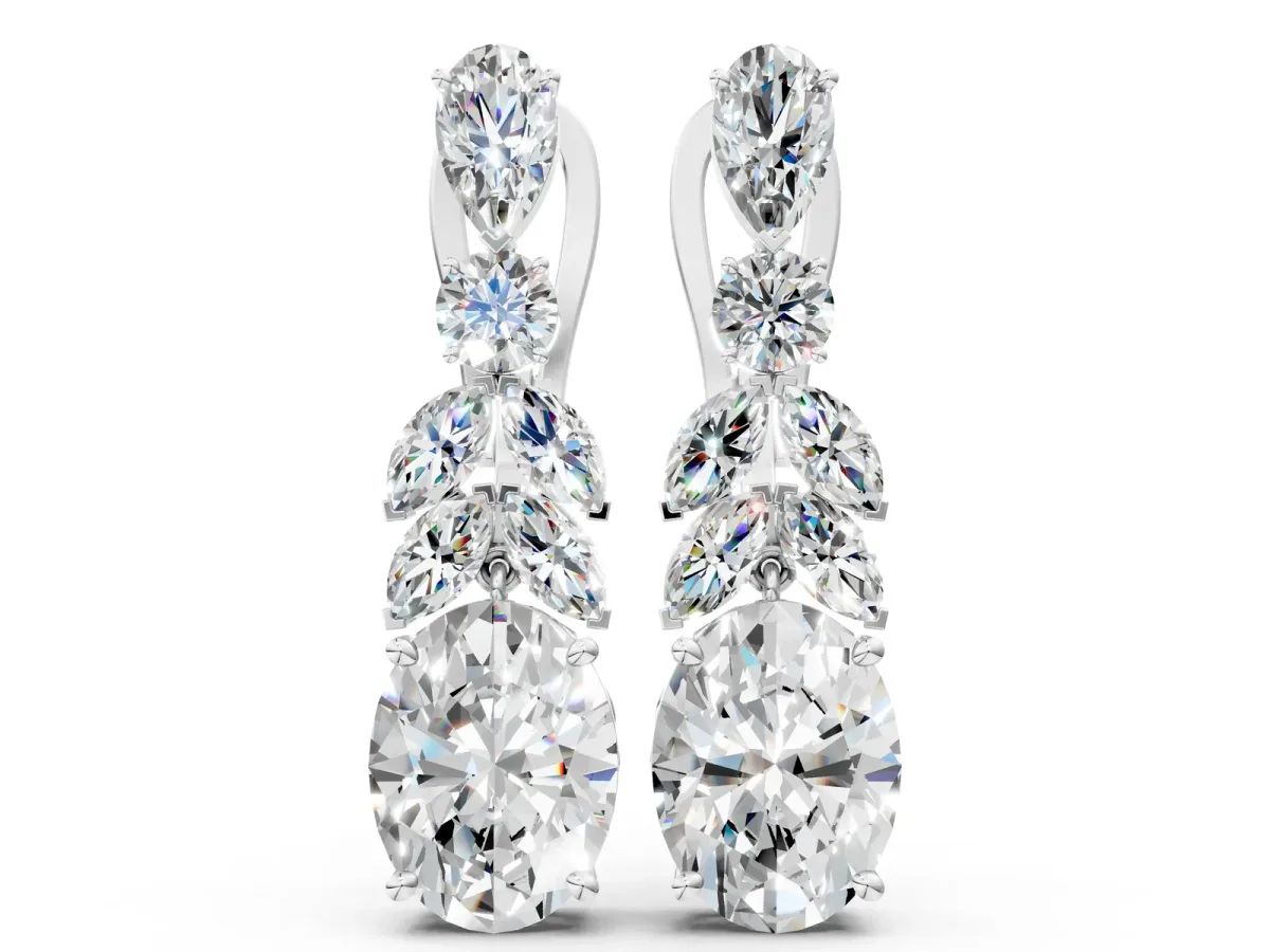 Oval, Marquise and Round Diamond Huggie Drop Earrings Silver